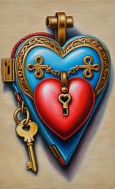 a key chain with a red and gold key on a wooden surface