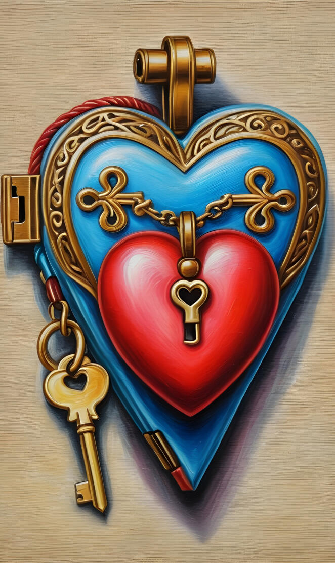 a key chain with a red and gold key on a wooden surface