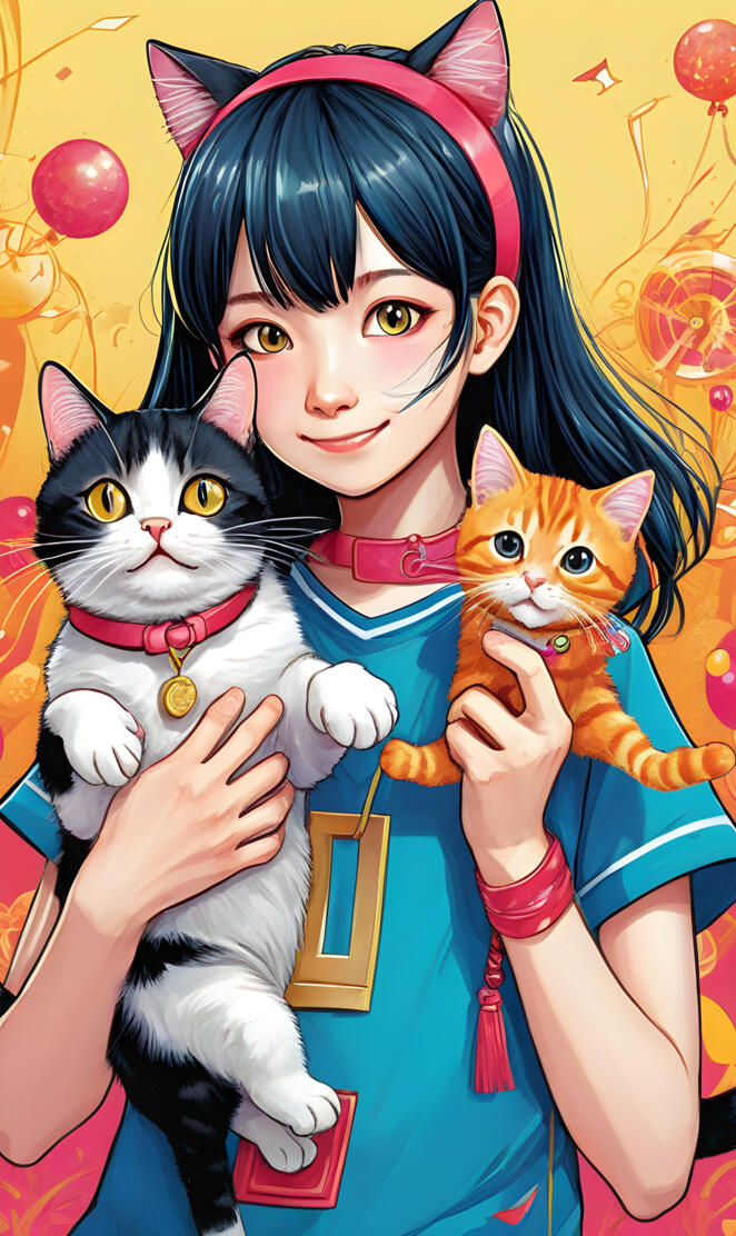 Kei Toume holding two cats