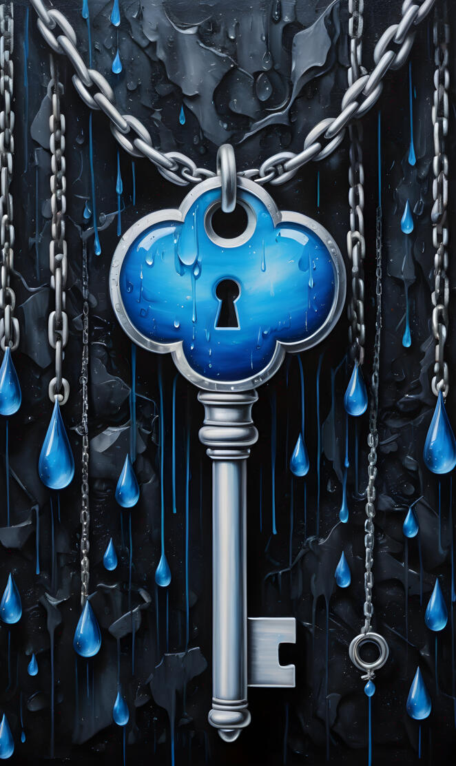 a blue key chain with rain drops