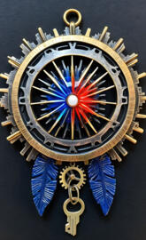 a clock with a blue and gold design