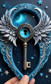 blu key and lock w/angel wings