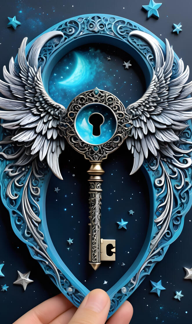blu key and lock w/angel wings