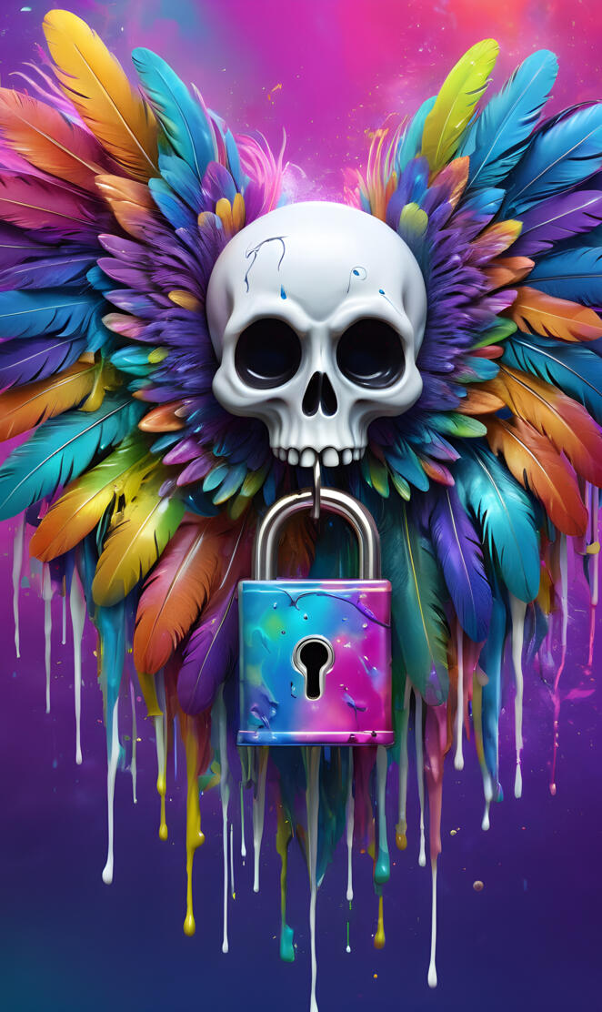 a skull with colorful feathers