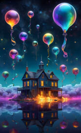 a house with balloons in the air