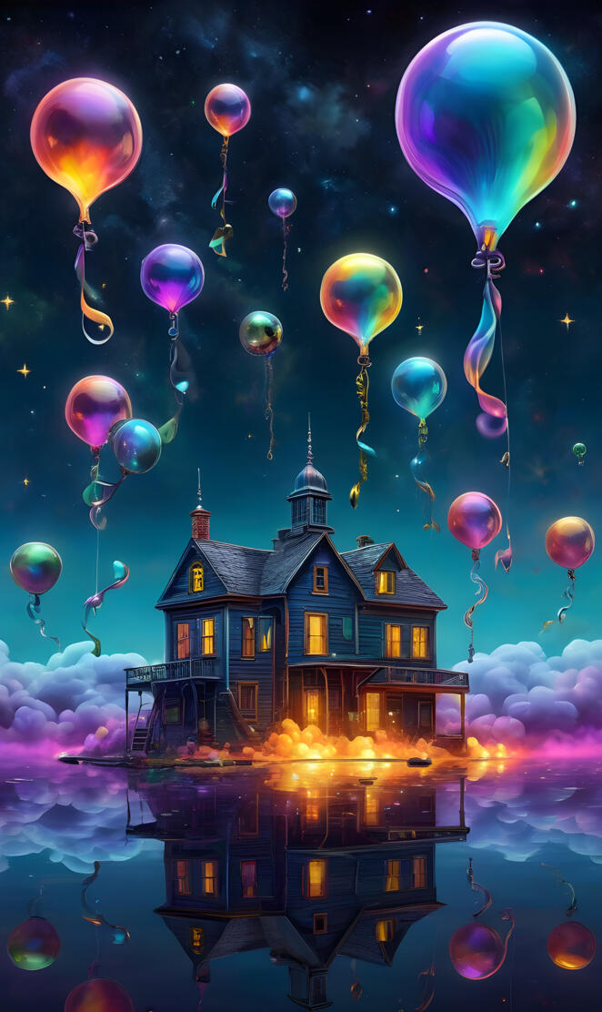 a house with balloons in the air
