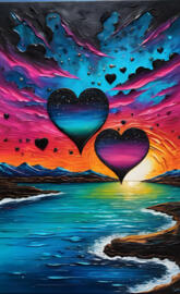 floating hearts on trippy sunset