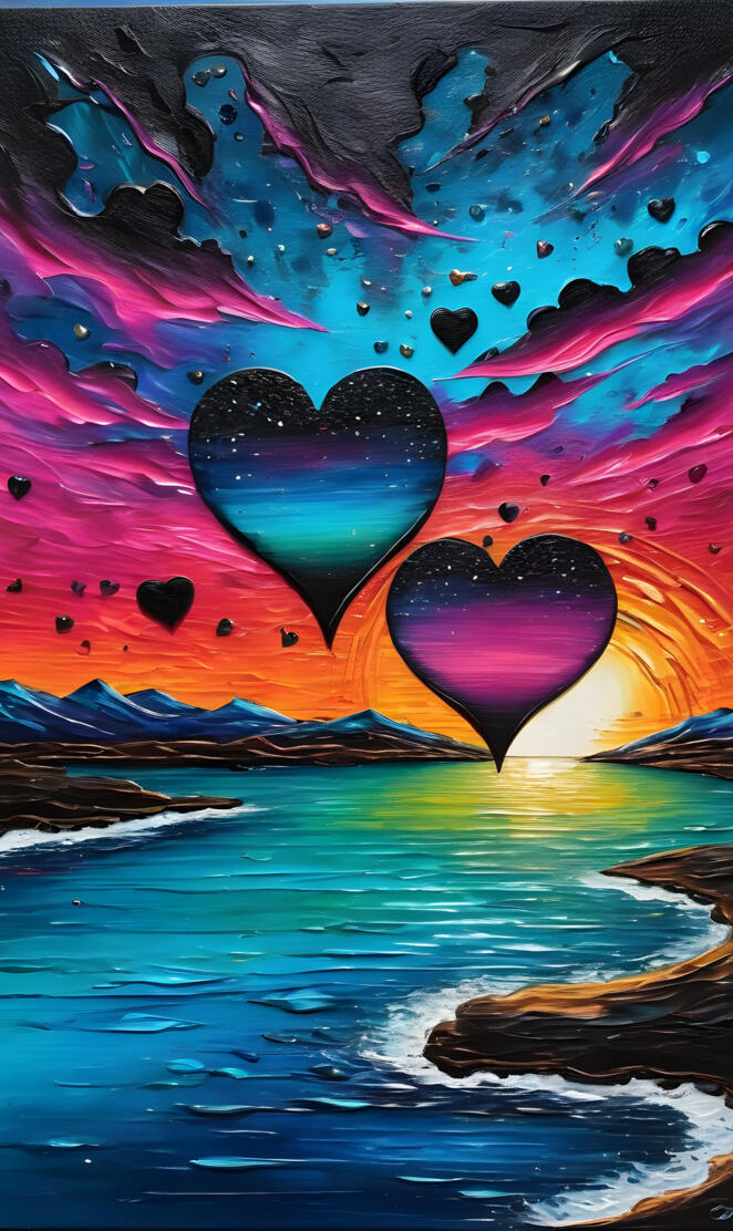 floating hearts on trippy sunset