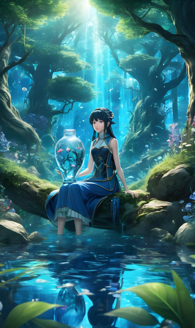 Kei Toume sitting in a blue dress in a fish tank