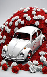 a white car with red and white keys around it