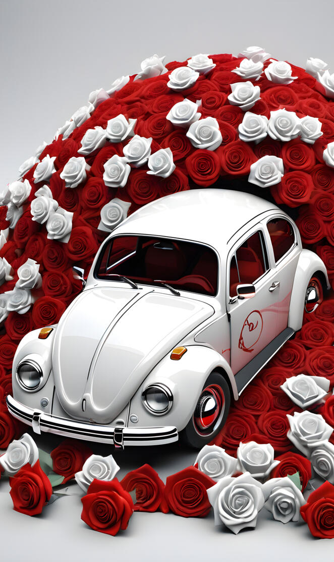 a white car with red and white keys around it