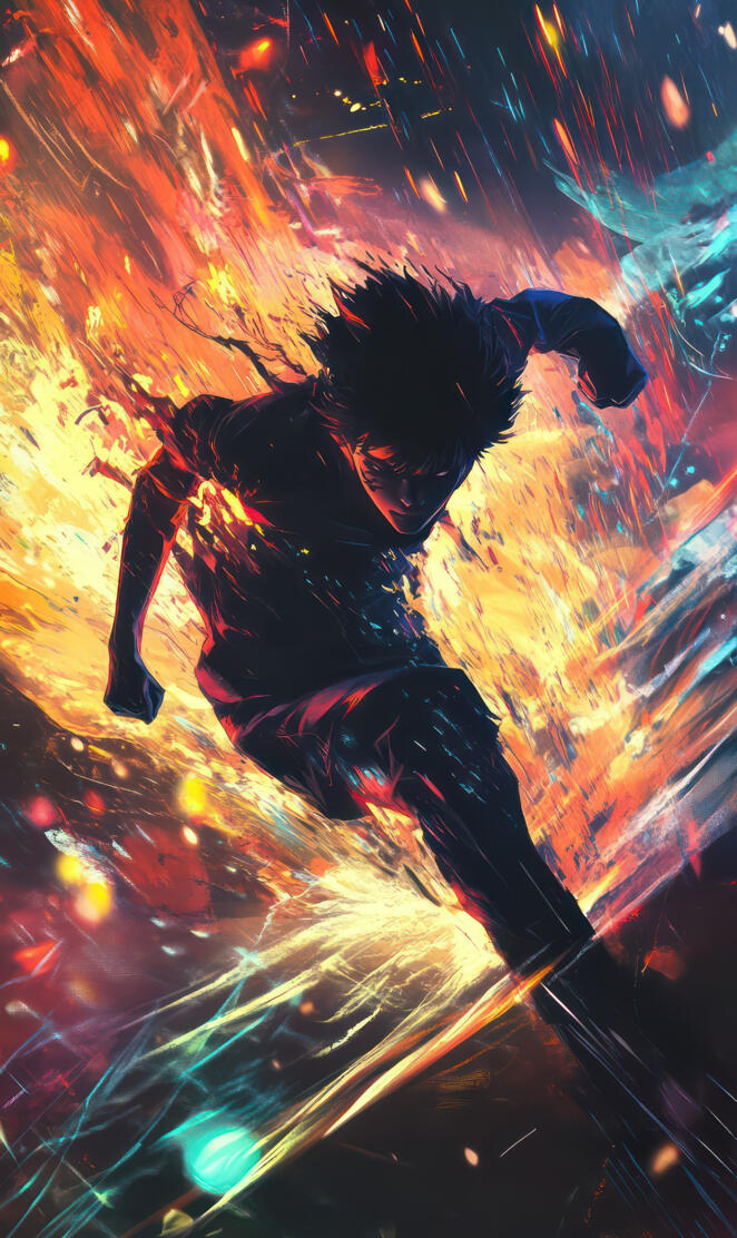 Dynamic action scene featuring an imaginary anime hero