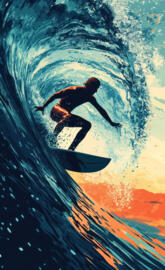 Dynamic image of a surfer riding a massive wave