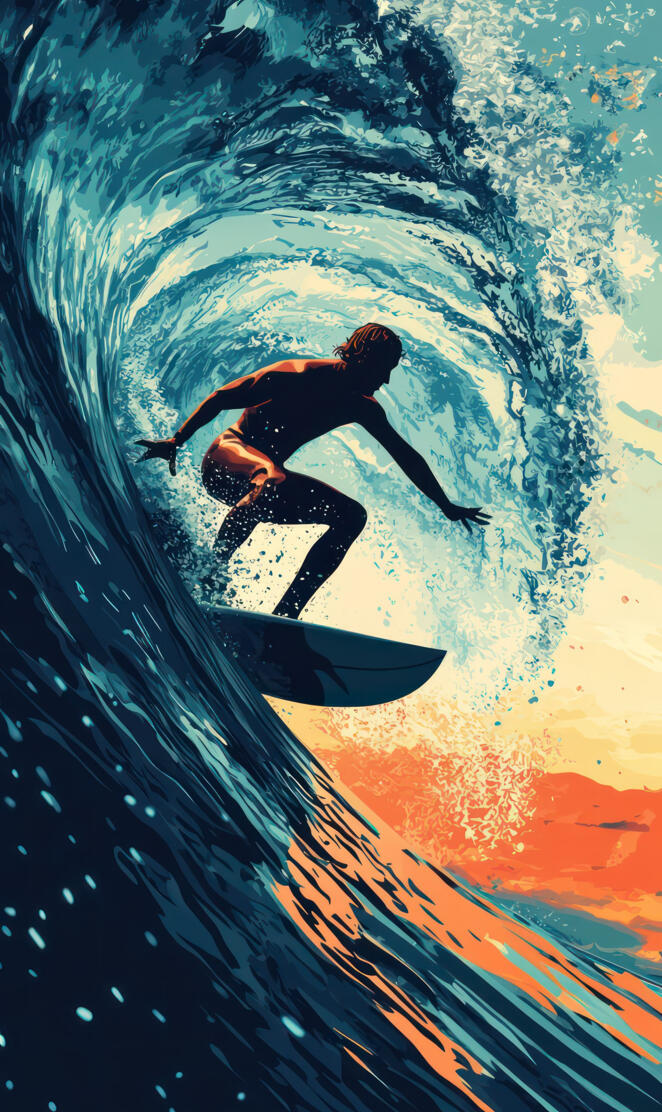 Dynamic image of a surfer riding a massive wave