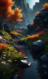 a stream with rocks and plants