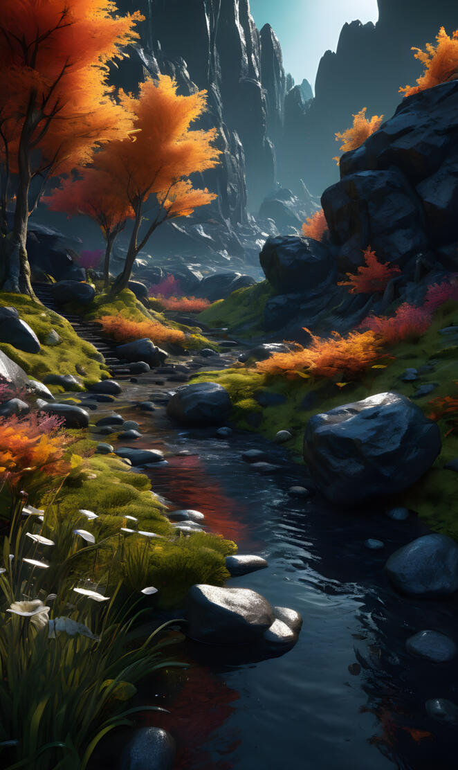 a stream with rocks and plants