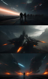 a reflection of a building in a puddle of water with people standing