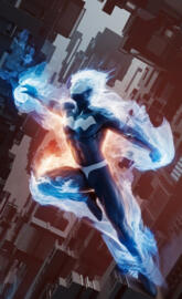 A superhero in a dynamic, action-packed pose, w