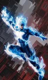 A superhero in a dynamic, action-packed pose, w