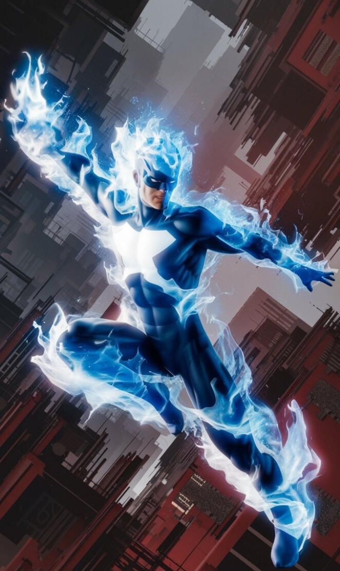 A superhero in a dynamic, action-packed pose, w