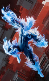 A superhero in a dynamic, action-packed pose, w