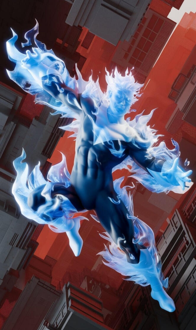 A superhero in a dynamic, action-packed pose, w