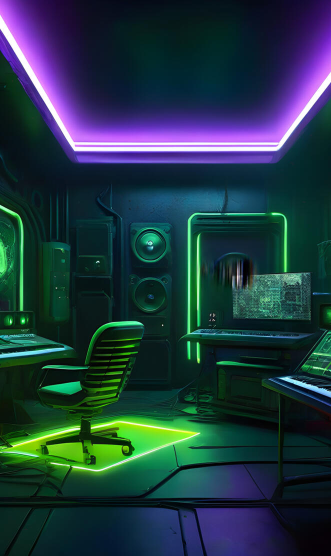 a room with computers and speakers