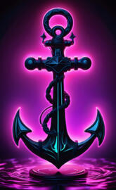 a metal cross with a blue and red design