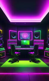 a room with a large screen and speakers