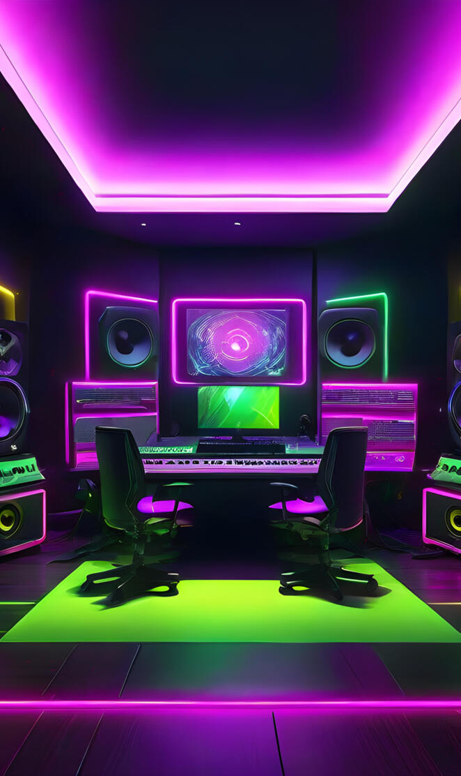 a room with a large screen and speakers