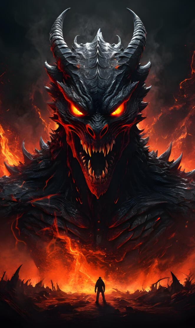 a person standing in front of a large scary dragon