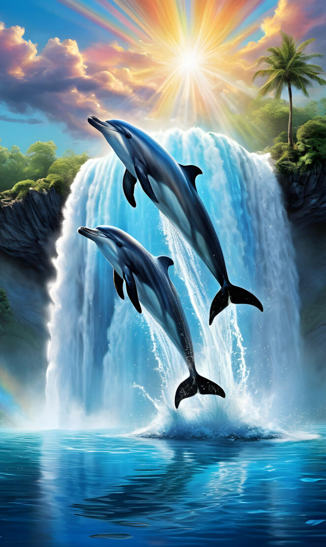 Dolphins and a waterfall