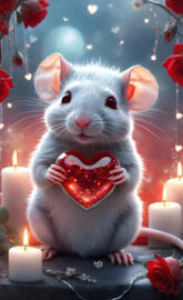 a white mouse holding a heart