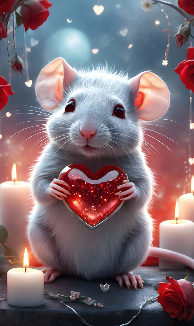 a white mouse holding a heart
