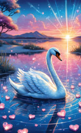 a blue swan in water with stars and a sunset in the background