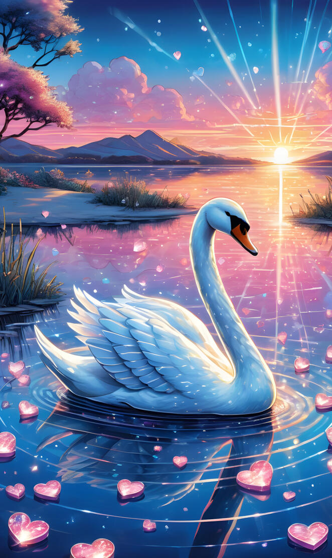 a blue swan in water with stars and a sunset in the background