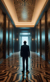 a man walking through a hallway