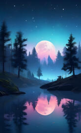 a moon over a lake with trees and a reflection of a person