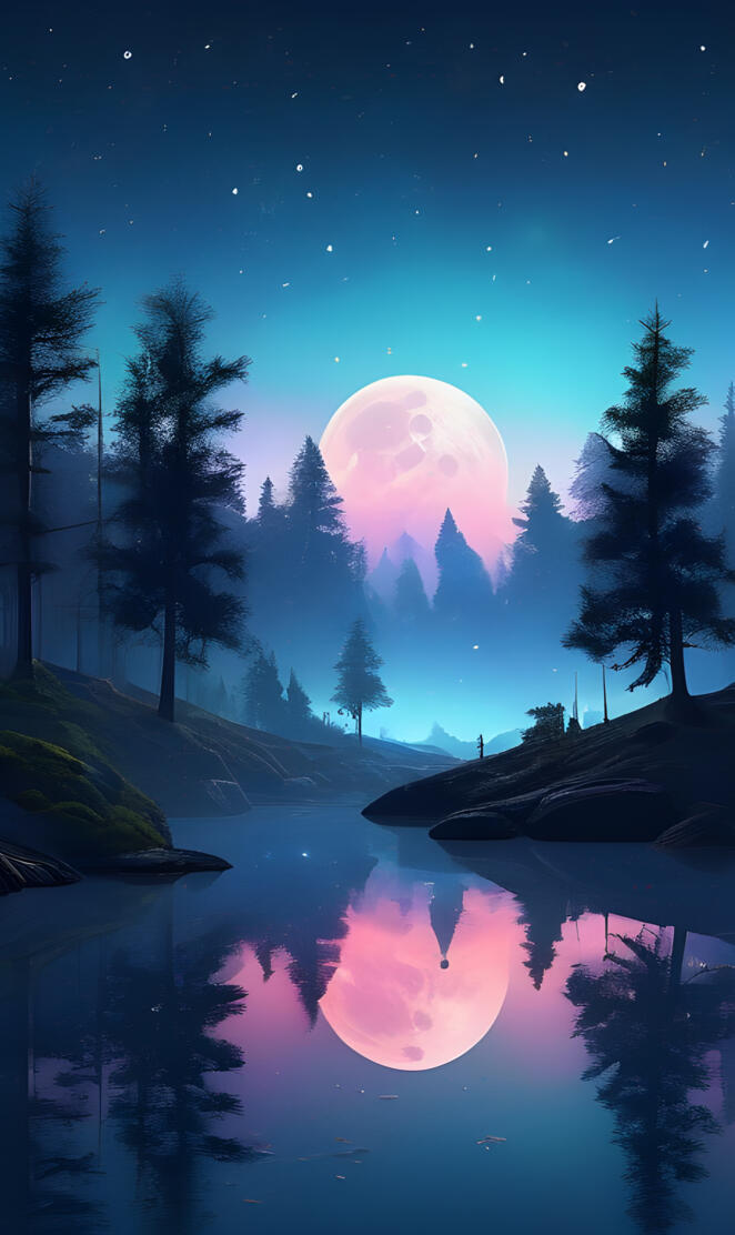 a moon over a lake with trees and a reflection of a person