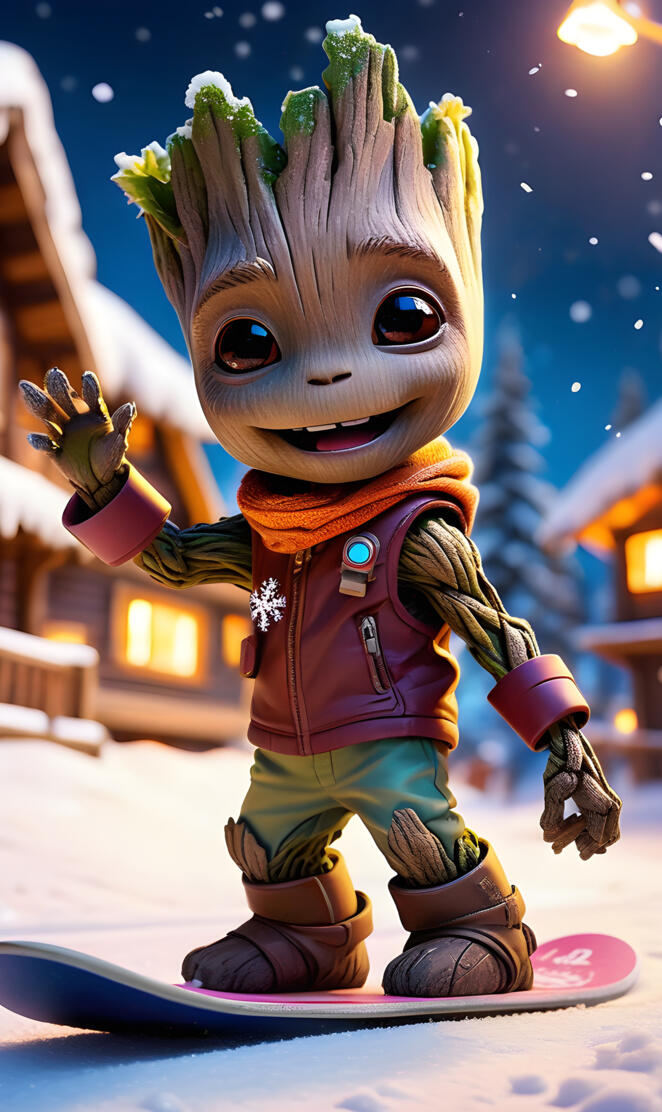 Baby Groot Snowboarder
