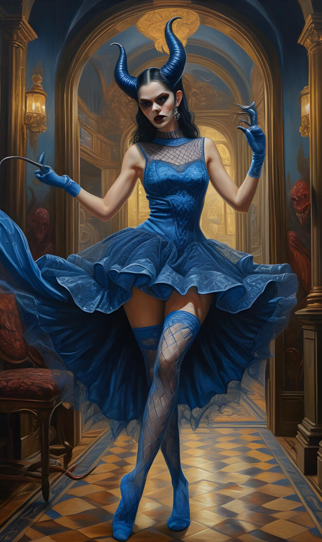 devil with a blue dress on
