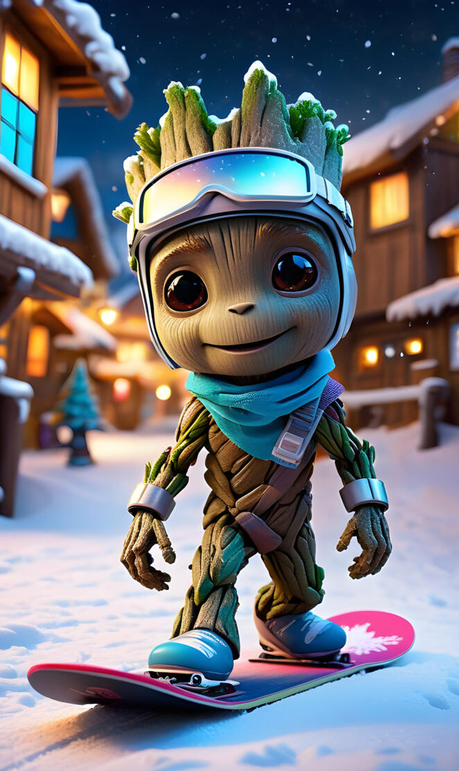 Baby Groot Snowboarder