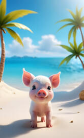 Cute Cartoon Piglet at beach