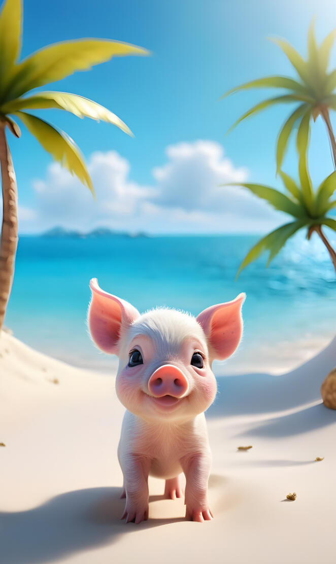 Cute Cartoon Piglet at beach