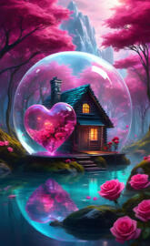 a house with a stream and trees around it