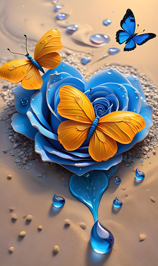 a blue and yellow flower in a glass vase on a beach