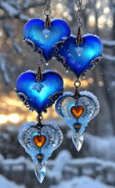 a group of blue and silver ornaments