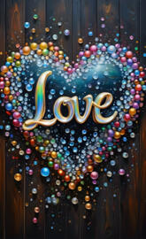 heart with Love written inside, multicolored bubbles on dark wood