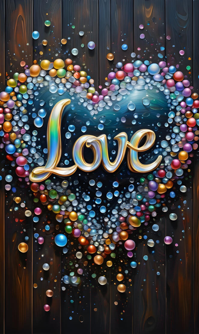 heart with Love written inside, multicolored bubbles on dark wood