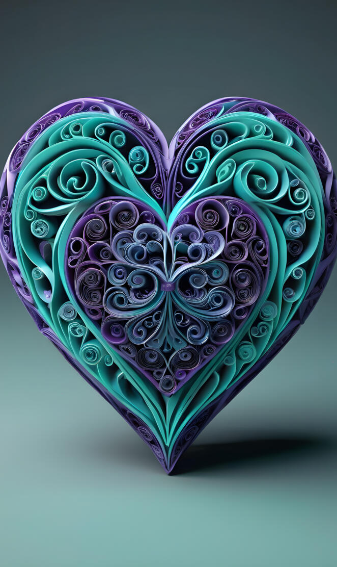 teal & purple scroll heart